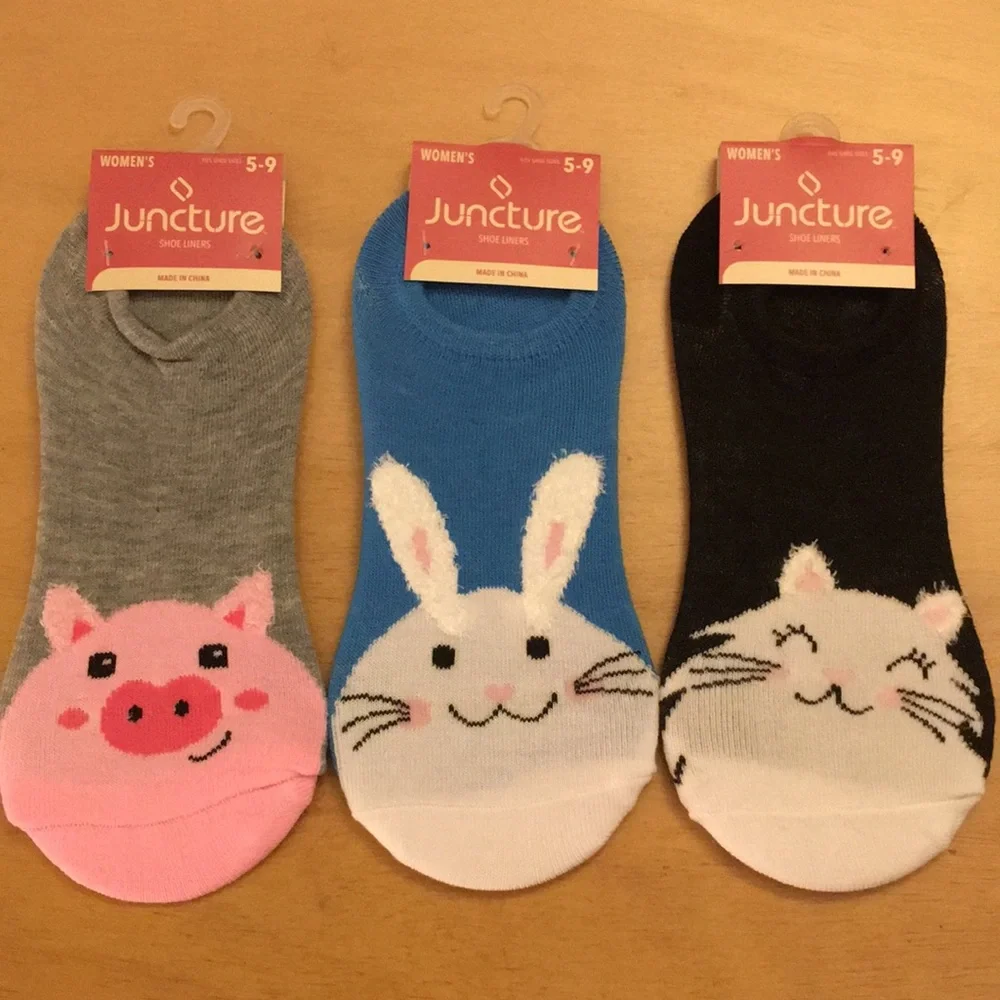 New Bundle Of 3 Kitty Bunny Piggy Lovers No Show Shoe Liners Socks Shoe Size 5-9